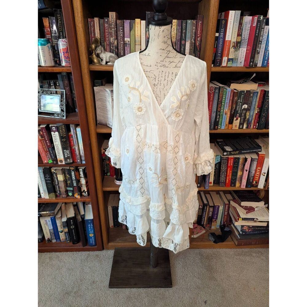 Blanco De Ibiza Women's Free Size White Floral Embroidered Tiered Dress BOHO